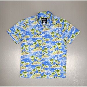 Corona Beer Button Up Shirt Mens Medium Blue Hawaiian Beach Palm Casual‎ Aloha